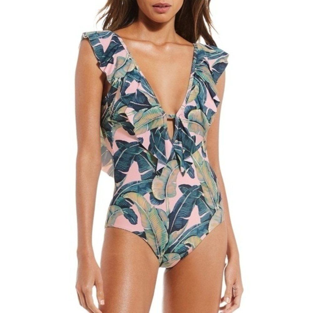 Gianni Bini Palm Print‎ Ruffle Plunge One Piece Swimsuit Women’s Large